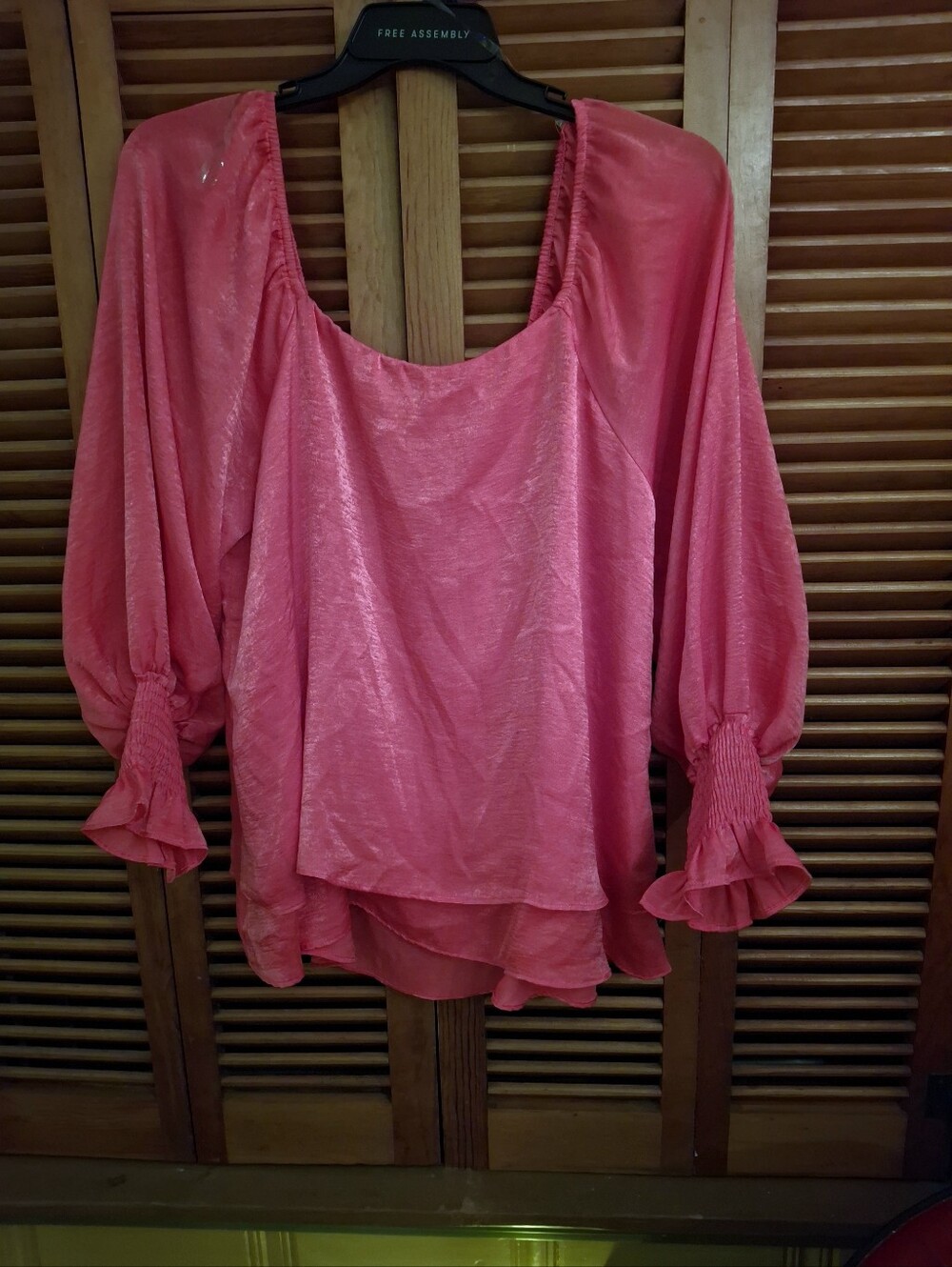 MERITT Women's XL HOT PINK SATIN BOHO PEASANT BLOUSE 2 LAYERS W RUFFLE LONG SLV